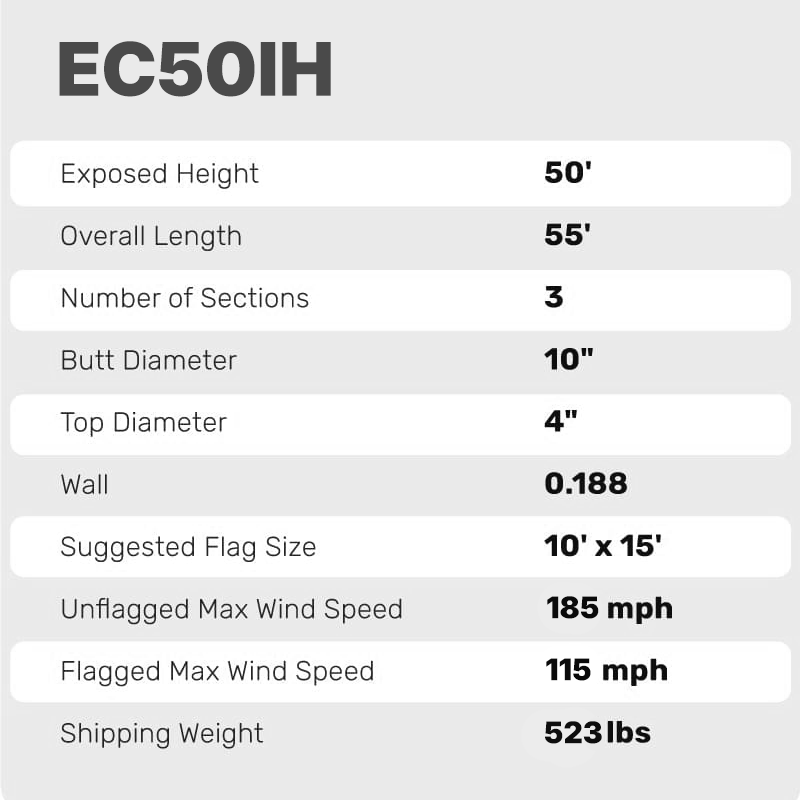 50 Ft CS Commercial Flagpole Internal Halyard