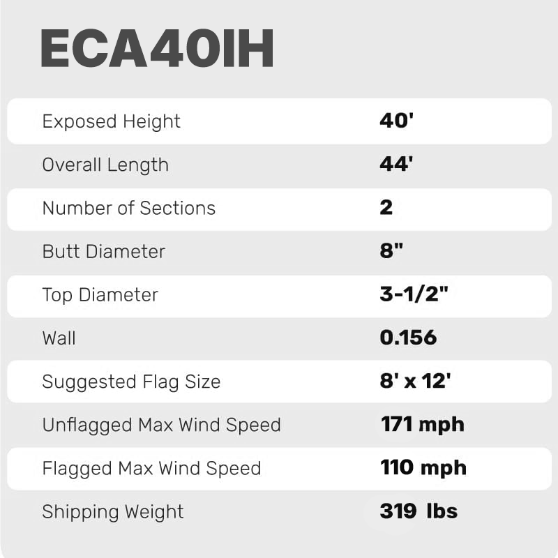 40 Ft CS Commercial Flagpole Internal Halyard