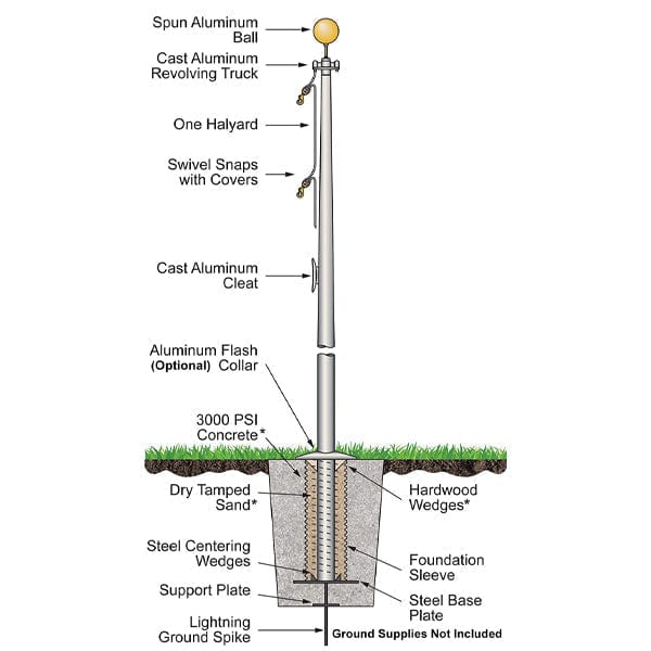 35' Tapered Aluminum Flagpole - One Piece